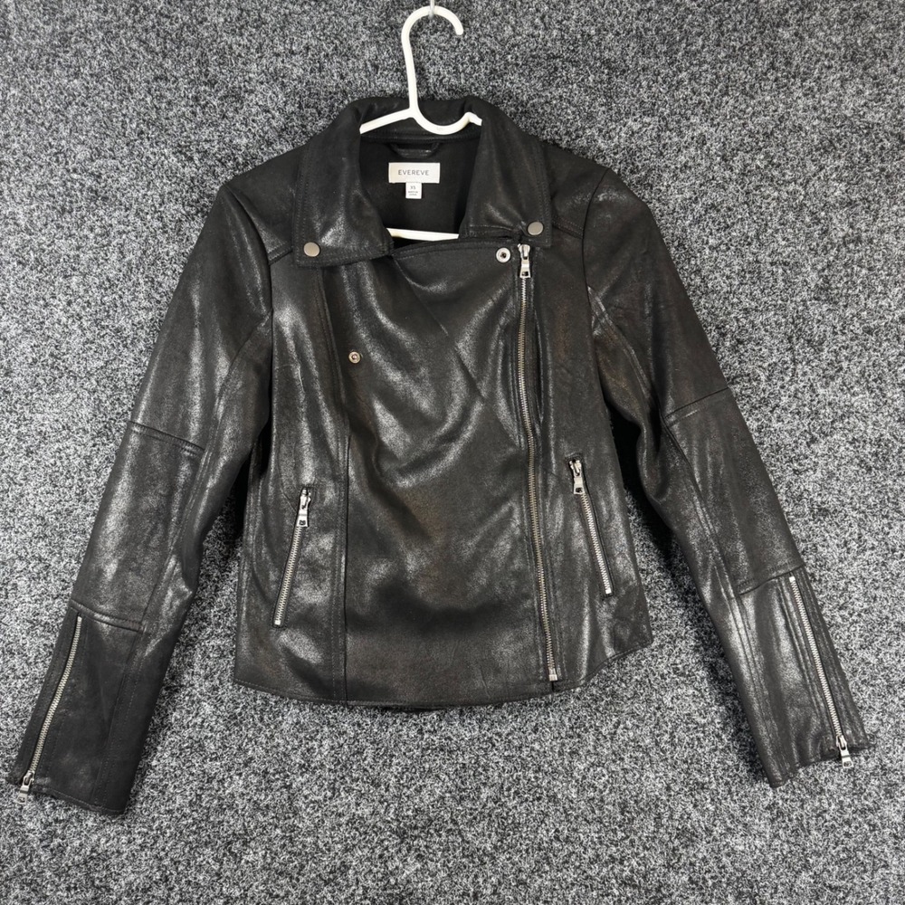 Evereve Womens Black Faux Leather Moto Jacket Metallic Asymmetric Zip